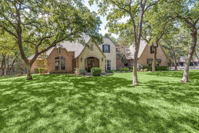 english style home with a front yard and stone siding
