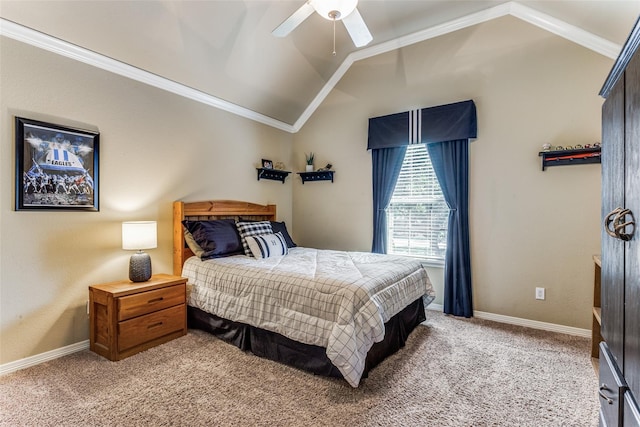 bedroom with crown molding, baseboards, vaulted ceiling, and light carpet