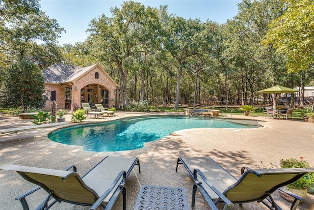 view of swimming pool featuring a patio, an outdoor structure, a pool with connected hot tub, and a storage structure