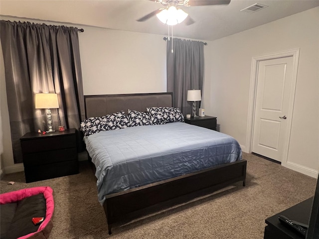 bedroom featuring carpet floors, a ceiling fan, baseboards, and visible vents