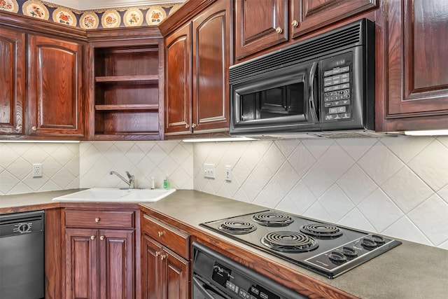 kitchen with open shelves, a sink, decorative backsplash, and black appliances