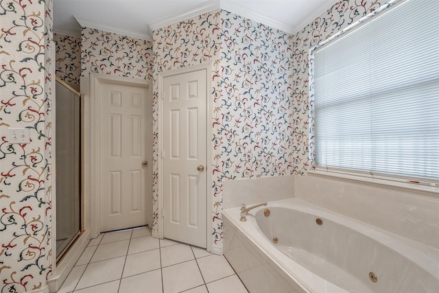 bathroom featuring crown molding, a whirlpool tub, tile patterned flooring, and wallpapered walls