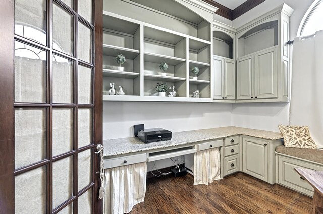 4609 Trotter Ln, Flower Mound, TX 75028 - unfurnished office with built in desk, dark wood-style flooring, and crown molding