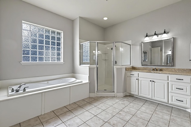 full bathroom with vanity, a stall shower, tile patterned floors, and a bath