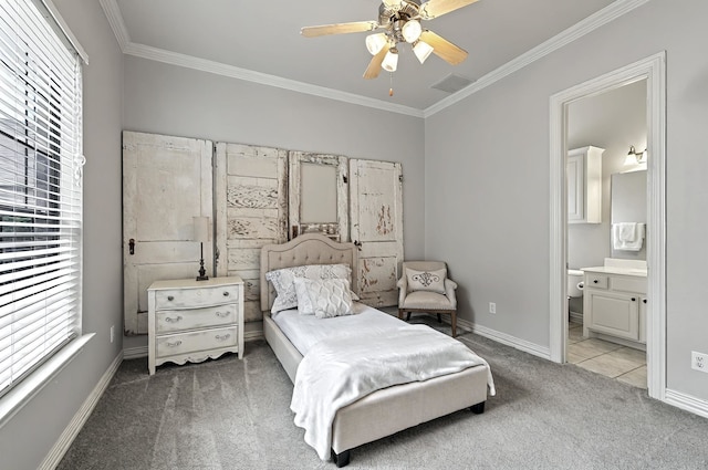bedroom with light colored carpet, crown molding, visible vents, and multiple windows