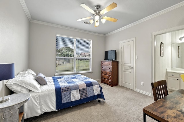 bedroom with baseboards, ornamental molding, light carpet, and visible vents