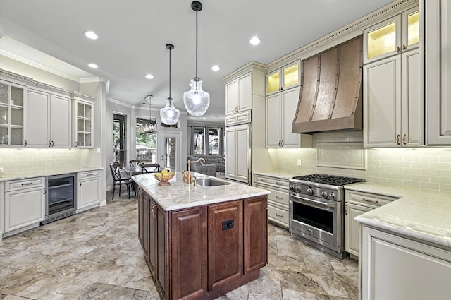 kitchen featuring crown molding, custom exhaust hood, beverage cooler, high quality appliances, and a sink
