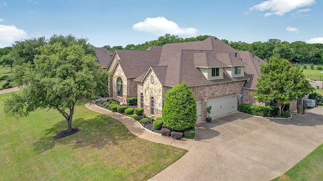 exterior space with driveway, a front yard, brick siding, an attached garage, and stone siding