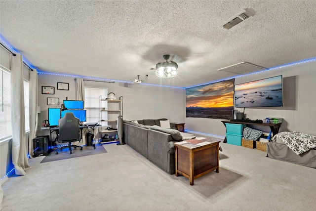 695 SE 32nd St, Paris, TX 75460 - home theater featuring ceiling fan, carpet, a textured ceiling, and visible vents
