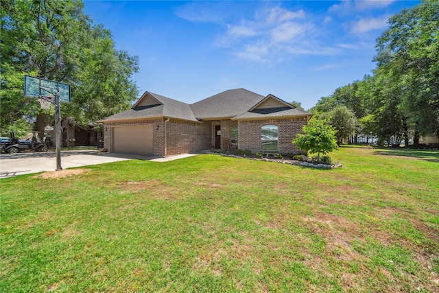 ranch-style house featuring brick siding, driveway, a front lawn, and a garage