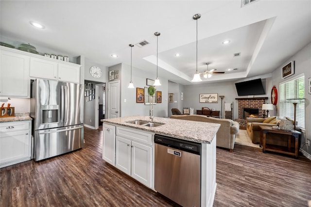 kitchen with a ceiling fan, a sink, dark wood-style flooring, and appliances with stainless steel finishes
