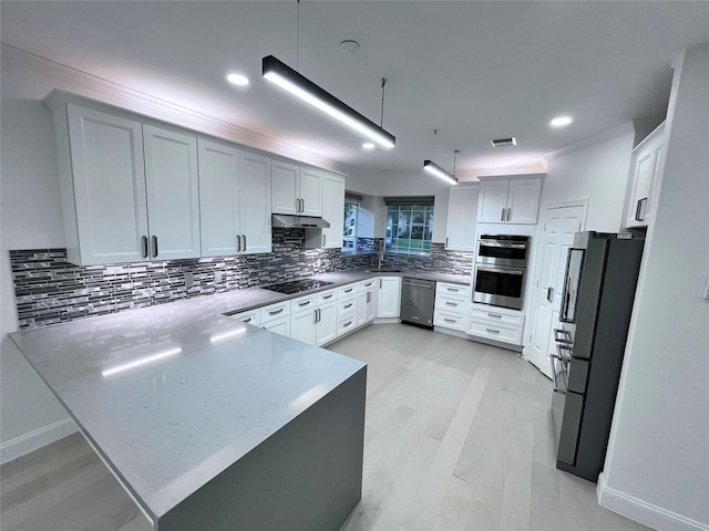 kitchen with light wood-type flooring, a peninsula, appliances with stainless steel finishes, and under cabinet range hood