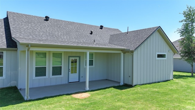 5008 San Marcos Dr, Granbury, TX 76048 - back of house featuring a patio, a yard, roof with shingles, and board and batten siding