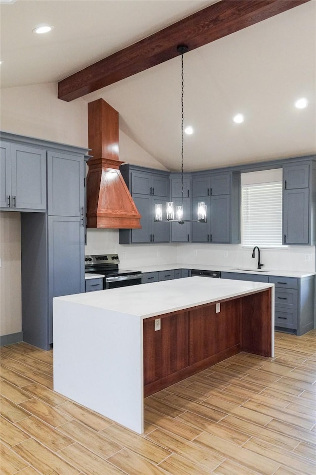5008 San Marcos Dr, Granbury, TX 76048 - kitchen with stainless steel range with electric stovetop, premium range hood, a sink, a center island, and light countertops