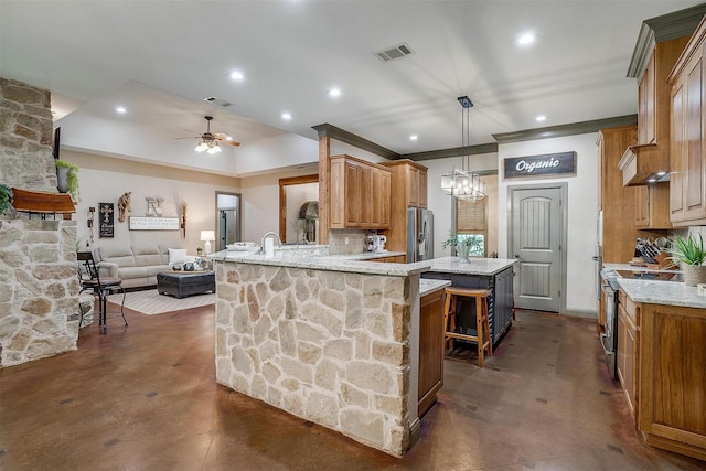 1320 Fox Ln, Burleson, TX 76028 - kitchen featuring visible vents, a peninsula, a center island, stainless steel fridge with ice dispenser, and finished concrete floors