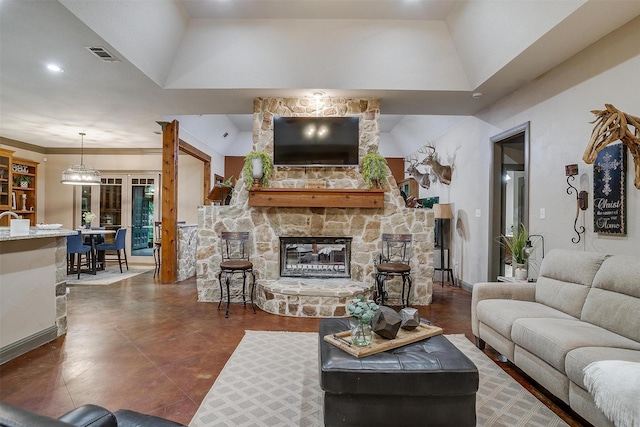 1320 Fox Ln, Burleson, TX 76028 - living room featuring recessed lighting, baseboards, visible vents, and a stone fireplace