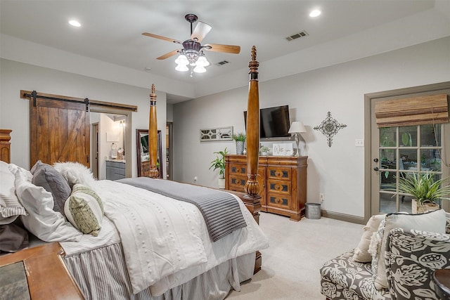 1320 Fox Ln, Burleson, TX 76028 - bedroom featuring ceiling fan, light carpet, recessed lighting, and visible vents