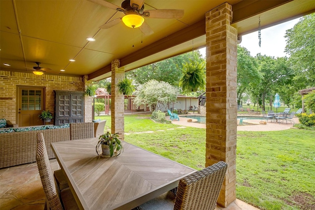1320 Fox Ln, Burleson, TX 76028 - back of house featuring roof with shingles, brick siding, an outdoor living space, a patio area, and a yard
