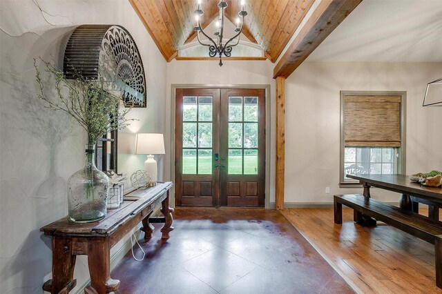 1320 Fox Ln, Burleson, TX 76028 - doorway featuring french doors, wooden ceiling, baseboards, lofted ceiling, and an inviting chandelier