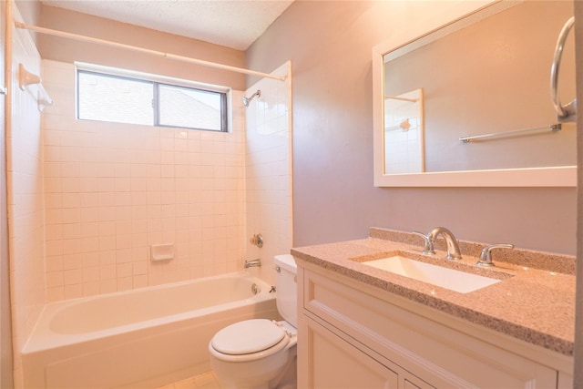 full bath with vanity, toilet, a textured ceiling, and bathtub / shower combination