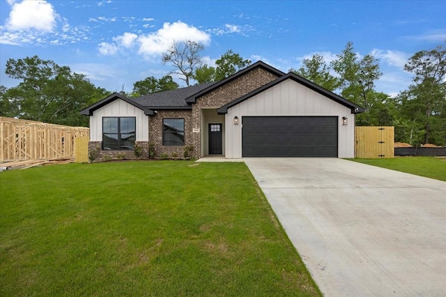 modern farmhouse featuring concrete driveway, an attached garage, fence, and board and batten siding