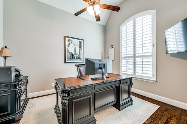 office area with ceiling fan, plenty of natural light, light wood-style flooring, and lofted ceiling