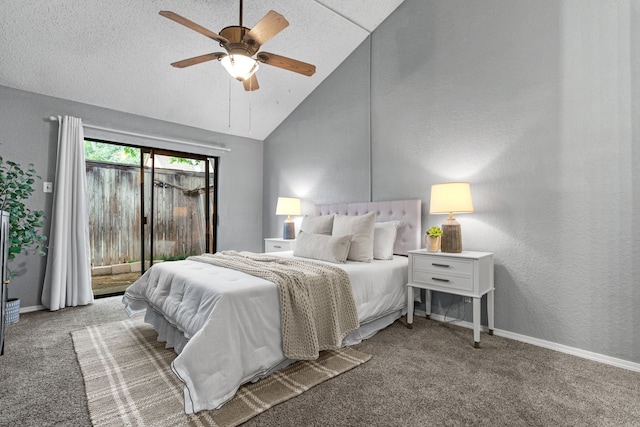bedroom with carpet floors, baseboards, vaulted ceiling, and access to exterior