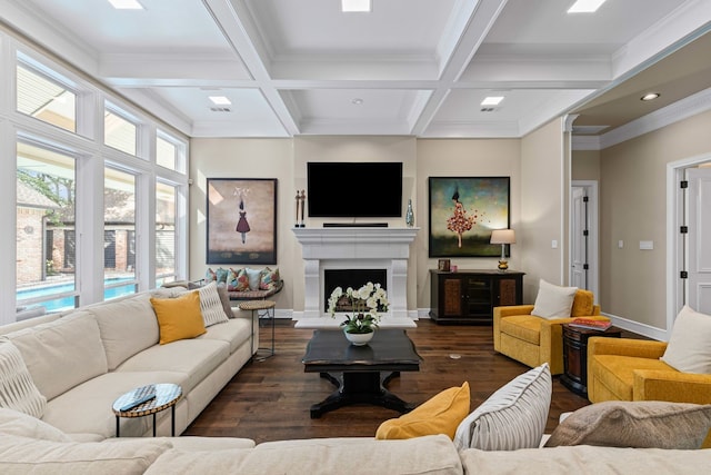 living room featuring crown molding, beam ceiling, coffered ceiling, and wood finished floors