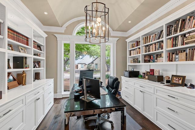 office area featuring crown molding, lofted ceiling, a notable chandelier, and dark wood-style floors