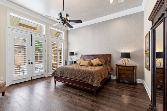 bedroom featuring crown molding, ceiling fan, wood-type flooring, and access to exterior