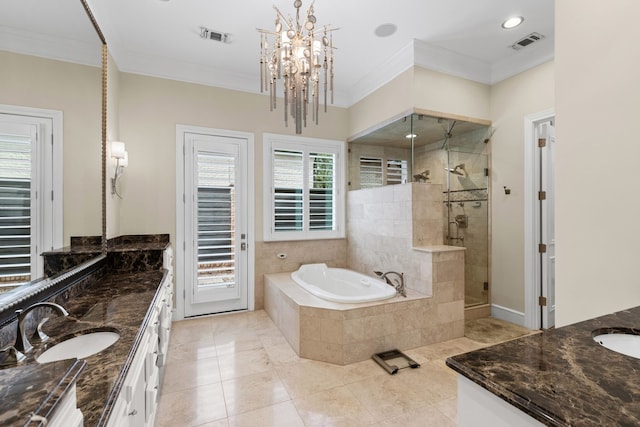full bath featuring visible vents, a garden tub, ornamental molding, vanity, and a shower stall