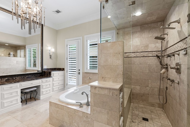 full bathroom with a bath, visible vents, crown molding, vanity, and tiled shower