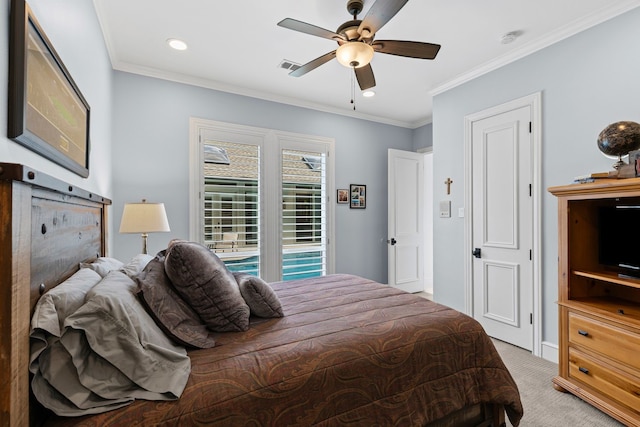 bedroom featuring visible vents, recessed lighting, crown molding, and light carpet