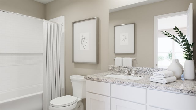 bathroom with vanity, shower / bath combination with curtain, and toilet