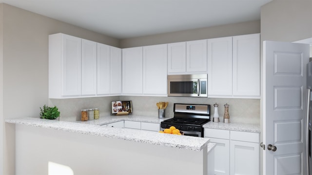 kitchen featuring light stone countertops, appliances with stainless steel finishes, white cabinetry, a peninsula, and backsplash