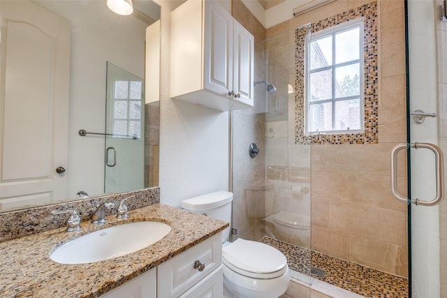 full bathroom with vanity, a stall shower, and toilet