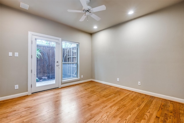 unfurnished room with light wood-style floors, recessed lighting, baseboards, and ceiling fan