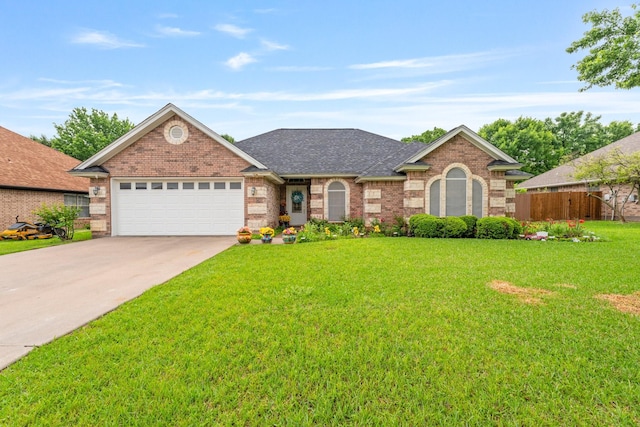 740 Bluebonnet Dr, Stephenville, TX 76401 - ranch-style house with a shingled roof, brick siding, a garage, a front yard, and central AC unit