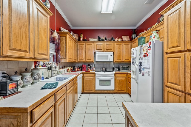 740 Bluebonnet Dr, Stephenville, TX 76401 - kitchen featuring light tile patterned flooring, a sink, white appliances, light countertops, and backsplash