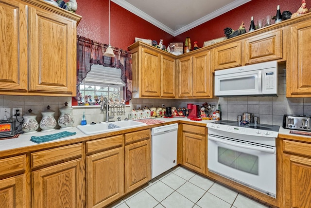 740 Bluebonnet Dr, Stephenville, TX 76401 - kitchen with a sink, white appliances, light countertops, tasteful backsplash, and ornamental molding