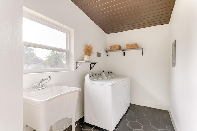 clothes washing area featuring laundry area, visible vents, washer and dryer, electric panel, and a sink