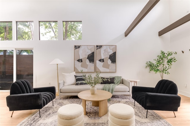 living area featuring a towering ceiling and wood finished floors