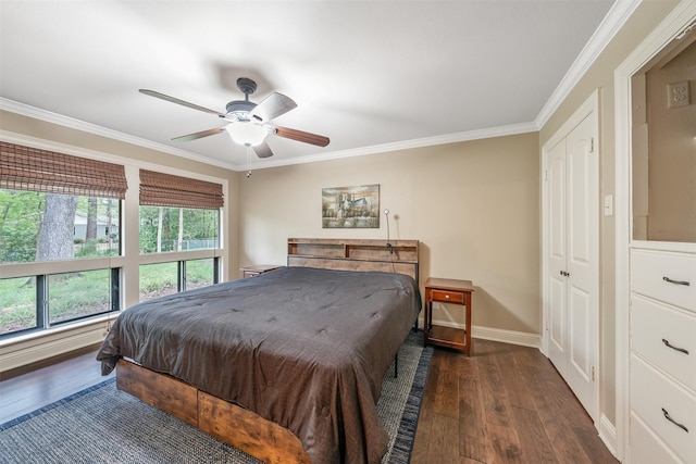 bedroom featuring crown molding, ceiling fan, dark wood-style floors, and baseboards
