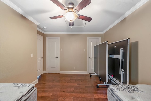 bedroom with a ceiling fan, baseboards, ornamental molding, and dark wood-type flooring