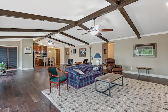 living area with ceiling fan, visible vents, baseboards, vaulted ceiling with beams, and dark wood-type flooring