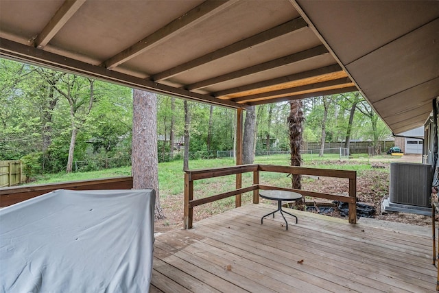 deck featuring central air condition unit and a fenced backyard