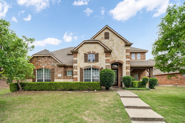french country style house with roof with shingles, brick siding, a front lawn, and stone siding