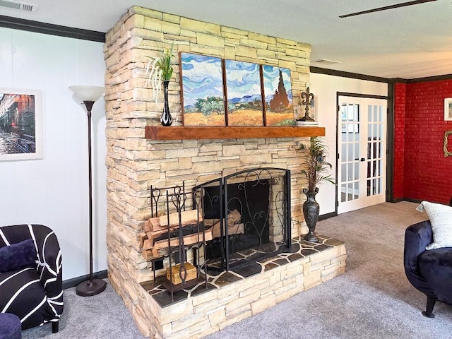 4512 Orchid St, Shreveport, LA 71105 - living area featuring carpet, ornamental molding, a fireplace, and baseboards