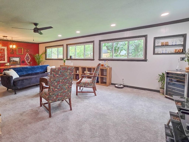 4512 Orchid St, Shreveport, LA 71105 - living area with crown molding, carpet floors, ceiling fan, baseboards, and recessed lighting