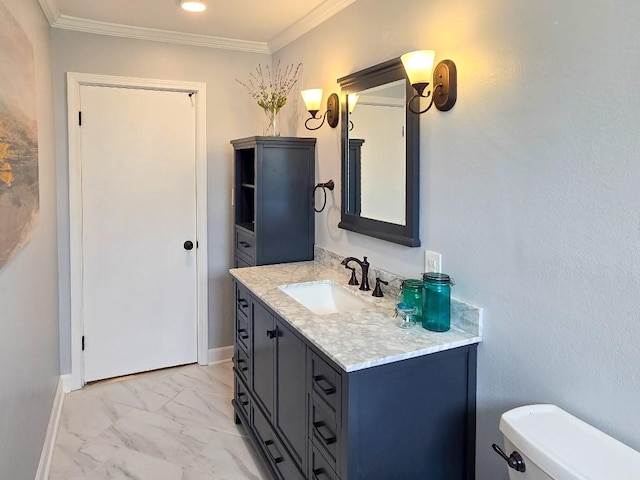 4512 Orchid St, Shreveport, LA 71105 - half bathroom with vanity, marble finish floors, ornamental molding, toilet, and baseboards